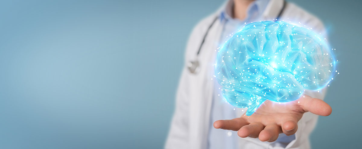 Doctor on blurred background holding digital brain scan hologram